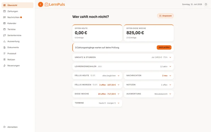 LernPuls, Verwaltungs-App für ein Nachhilfe-Institut, Dashboard-Ansicht mit Demo-Daten